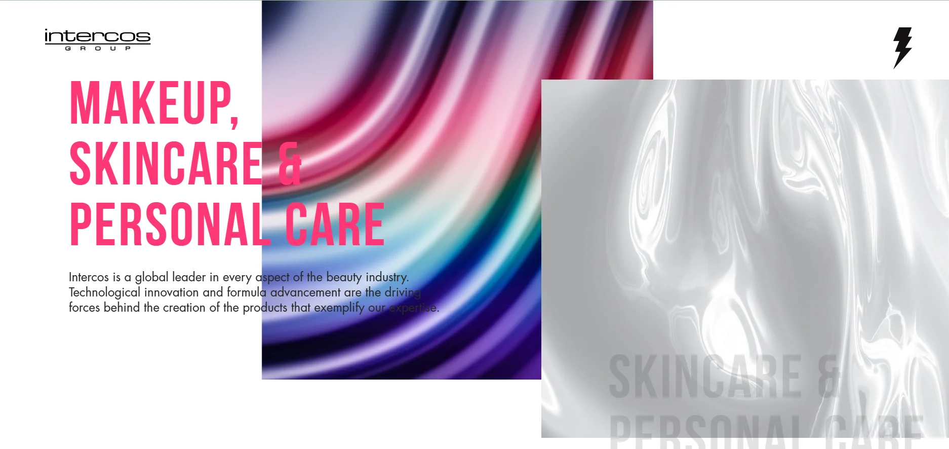 Intercos Group graphic with text highlighting leadership in makeup, skincare, and personal care, featuring colorful and glossy abstract backgrounds.